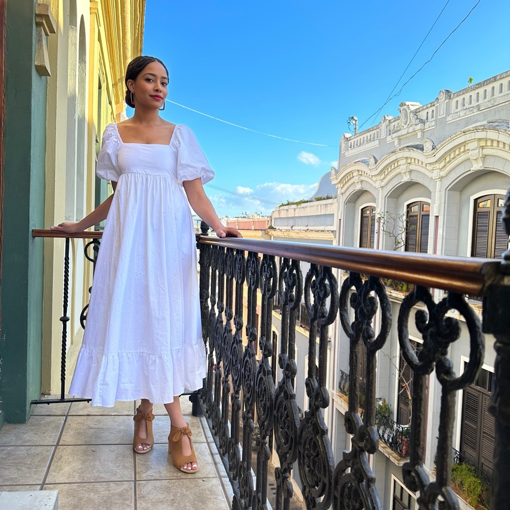 White Smocked Tiered Midi Dress with Puff Sleeves